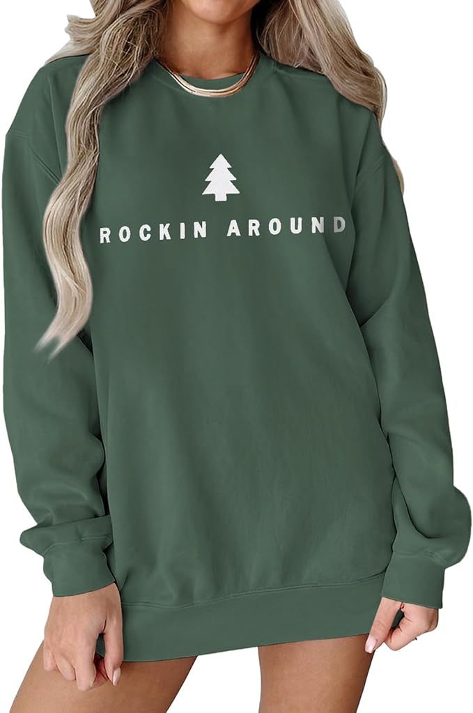 GLIGLITTR Women Christmas Tree Sweatshirt Rock Around The Xmas Tree Pullover Sweater Crew Neck Lo... | Amazon (US)