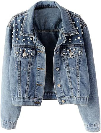 LifeShe Women's Embroidered Pearls Beading Denim Jean Jacket Coat | Amazon (US)