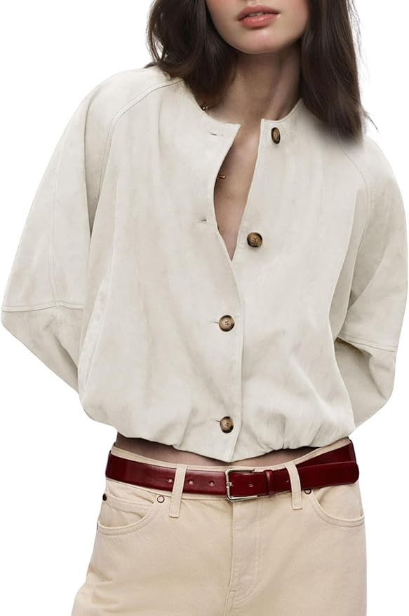 Daacee Women Faux Suede Cropped Jacket Vintage Button Front Round Neck Short Jackets Streetwear O... | Amazon (US)