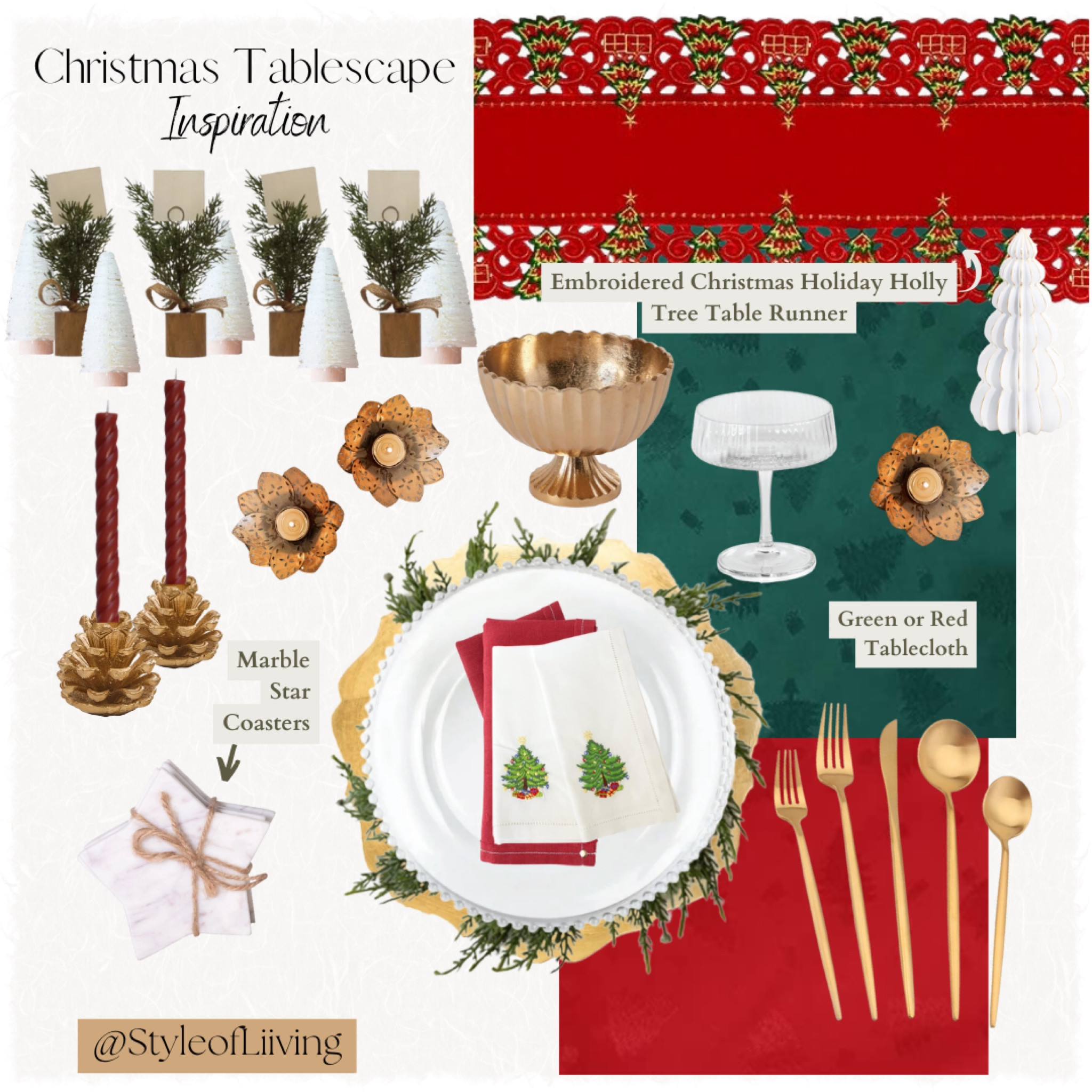 Christmas tablescape ideas for holiday entertaining! Gold, red, greens. Table clothes, embroidered table runners, layering plates, linen napkins, gold plate chargers placemats, cedar wreath charger, matte gold table ware, pinecone candle holders, name tag holders, star shaped marble coasters, tea light candle holders, wine glasses, mini Christmas trees. #homedecor #festive

#LTKSeasonal #LTKparties #LTKHoliday