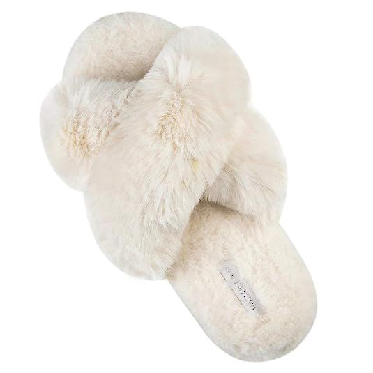 Women's Cross Band Soft Plush Fleece House/Outdoor Slippers | Amazon (US)