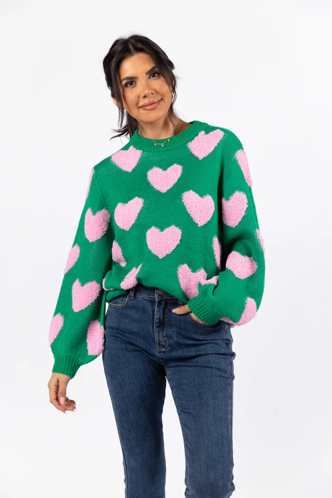 I'll Be There Green Fuzzy Heart Sweater FINAL SALE | Pink Lily