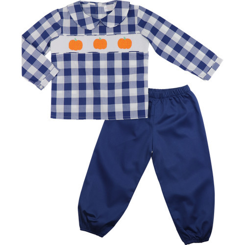 Navy Check Smocked Pumpkin Pant Set | Cecil and Lou