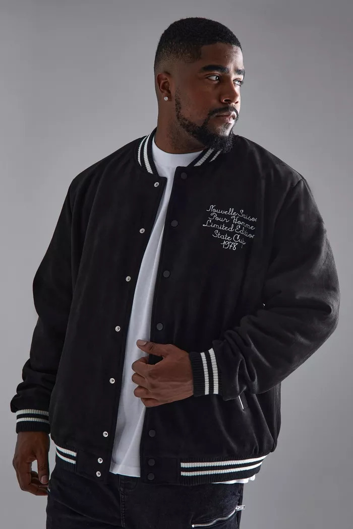 Plus Faux Suede Varsity Bomber | boohoo (US & Canada)