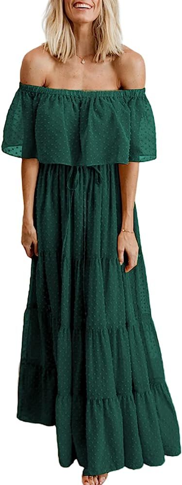 BLENCOT Womens Casual Floral Lace Swiss Dots Off The Shoulder Long Evening Dress Cocktail Party M... | Amazon (US)