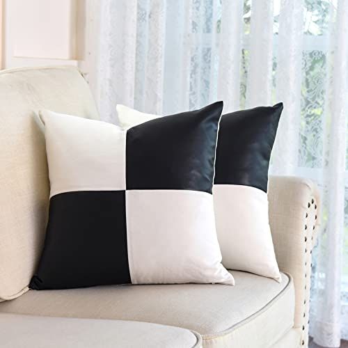 GEGELICA Black Faux Leather Patchwork Linen Plaid Throw Pillow Covers Modern Minimalist Farmhouse Sq | Amazon (US)