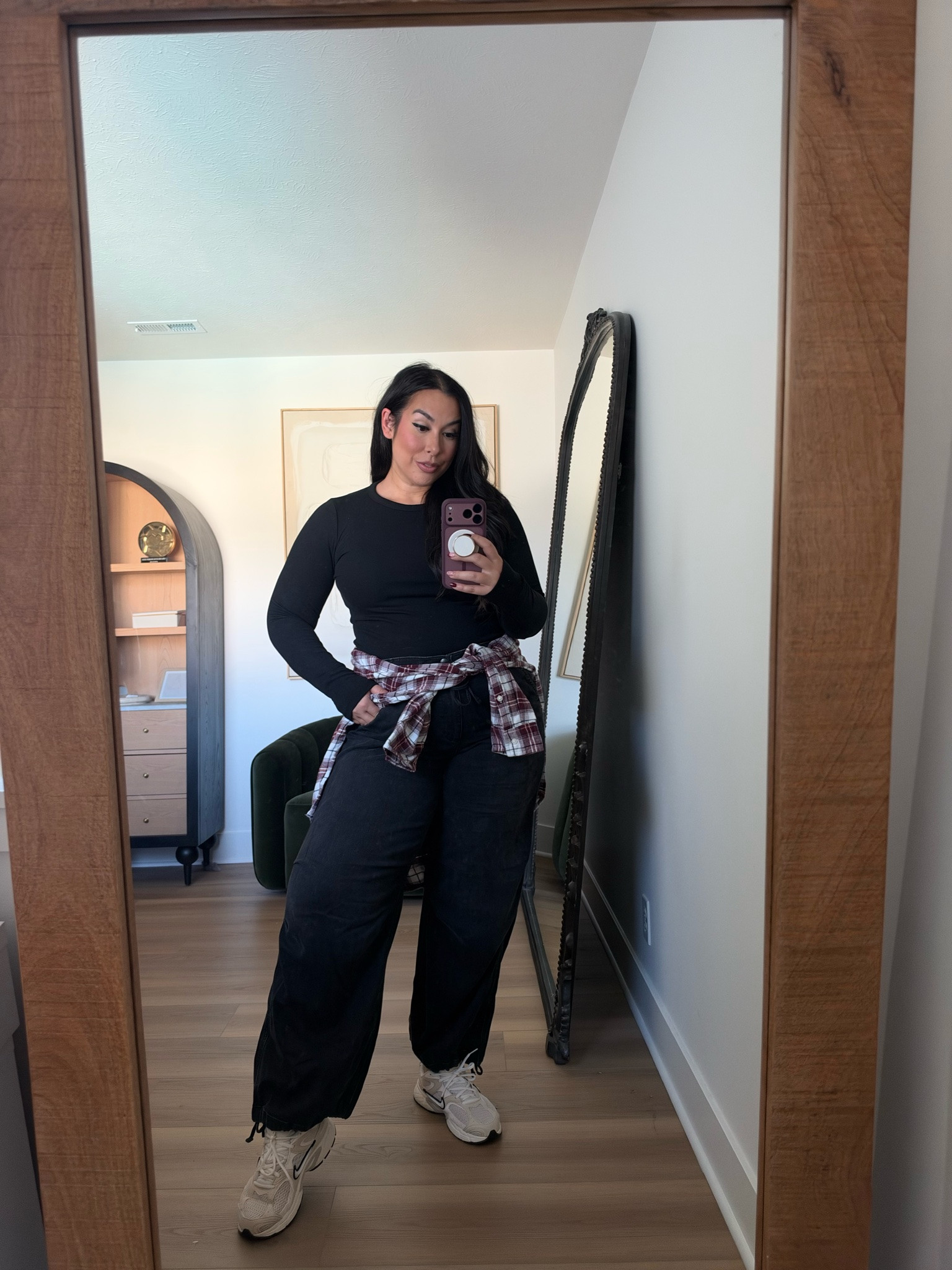 I love these pants so much! Super stretchy, soft belly friendly, and this top is so soft. I also really love adding a flannel for some fun contrast. Wearing an XL on the bottom and a L on top. Also, American Eagle is having 40% off all jeans from now until Monday! Midsize, midsize fashion, fall fashion, plaid, american eagle, aerie, sale 

 #LTKootd #LTKSaleAlert #LTKMidsize