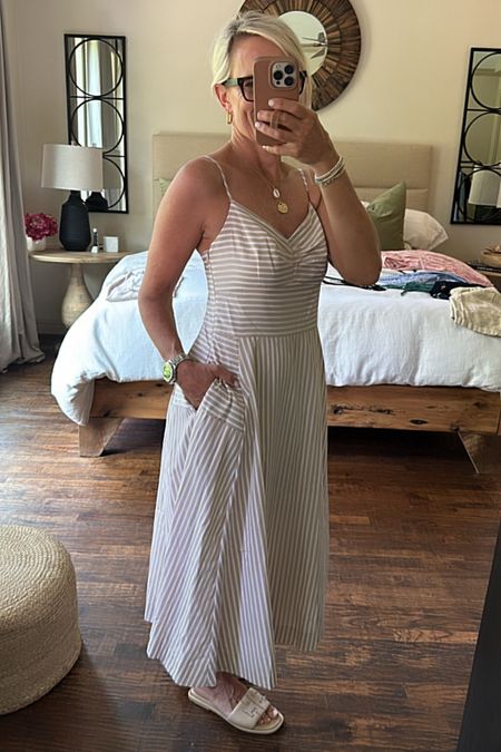 Summer dress 
Wearing small. Love the neutral stripe in this dress and it has pockets. Wearing a strapless bra here and doesn’t show 

Gibsonlook 

#LTKTravel #LTKStyleTip #LTKOver40