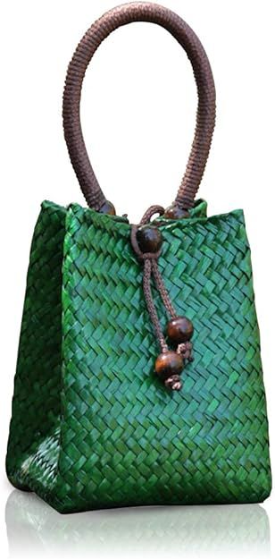 QTKJ Hand-woven Mini Retro Straw Handbag Bag Summer Beach Boho Rattan Tote Travel Bag with Wood B... | Amazon (US)