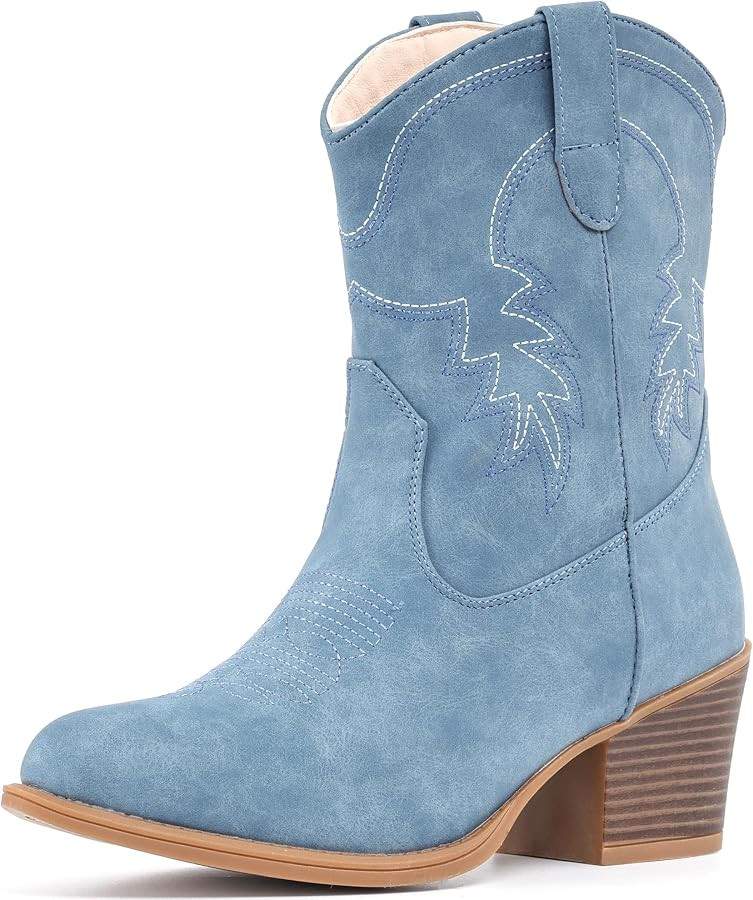 IXU Cowboy Boots for Women Ankle Cowgirl Booties Wide Mid Calf Pointed Toe Western Boots Short Ch... | Amazon (US)