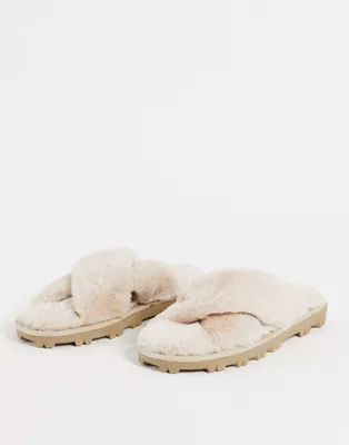 Truffle Collection fluffy cross strap slippers with chunky sole in taupe | ASOS (Global)