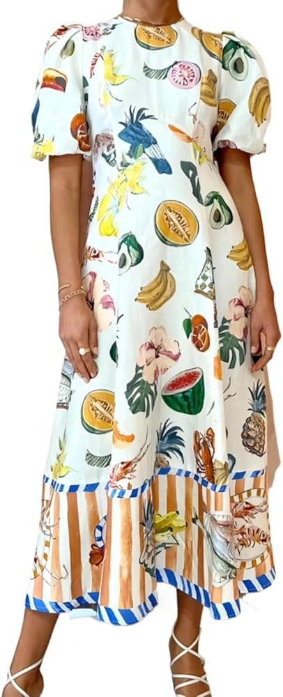 Puff Sleeve Maxi Dress Women Summer Graffiti Y2k Dress Vintage Boho Tropical Dress Floral Colorfu... | Amazon (US)