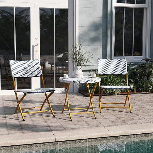 EMMA + OLIVER Ciel Three Piece Folding Bistro Set - Navy and White PE Rattan - Natural Finish Met... | Amazon (US)