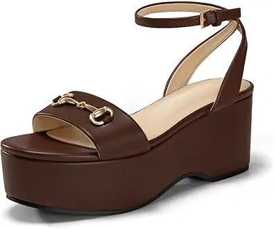 Womens Platform Sandals Chunky Wedges Heels Open Toe Ankle Strap Summer Dress Shoes with Metal Bu... | Amazon (US)