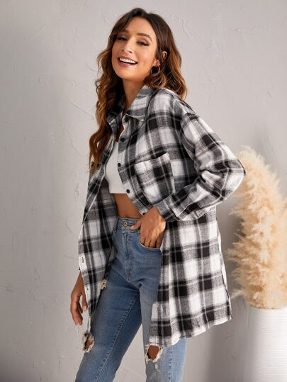 Plaid Dual Pocket Drop Shoulder Blouse | SHEIN
