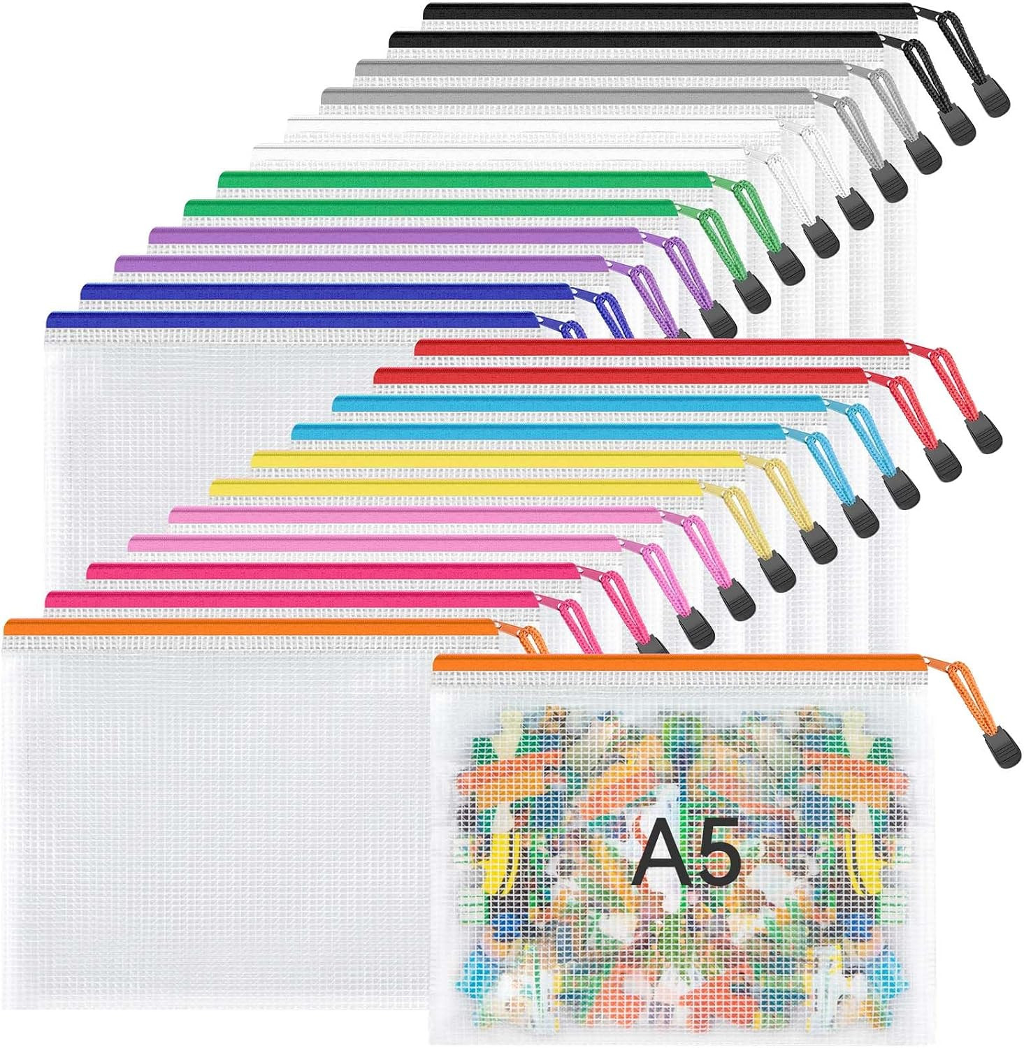 Umriox 24 Pack A5 Mesh Zipper Pouches, 12 Colors Storage Organizer Bags | Amazon (US)