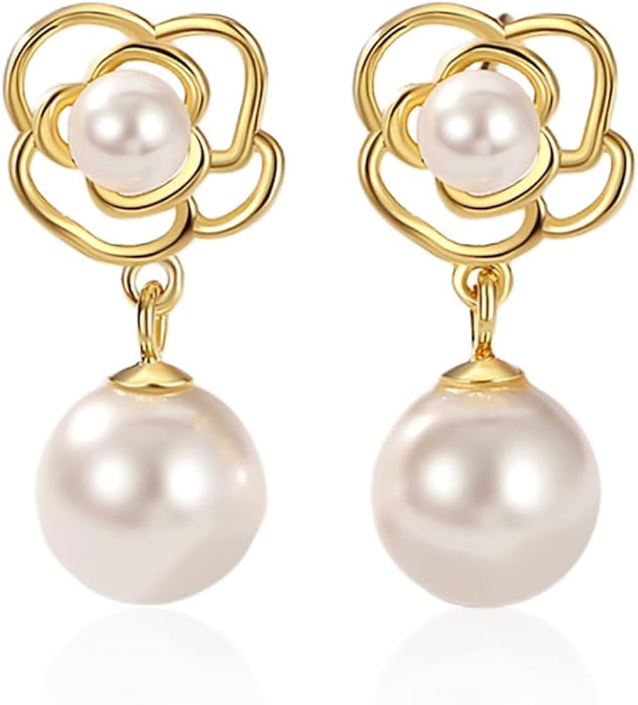 Reffeer Solid 925 Sterling Silver Imitation Pearl Drop Earrings for Women Teens Pearl Flower Drop... | Amazon (US)