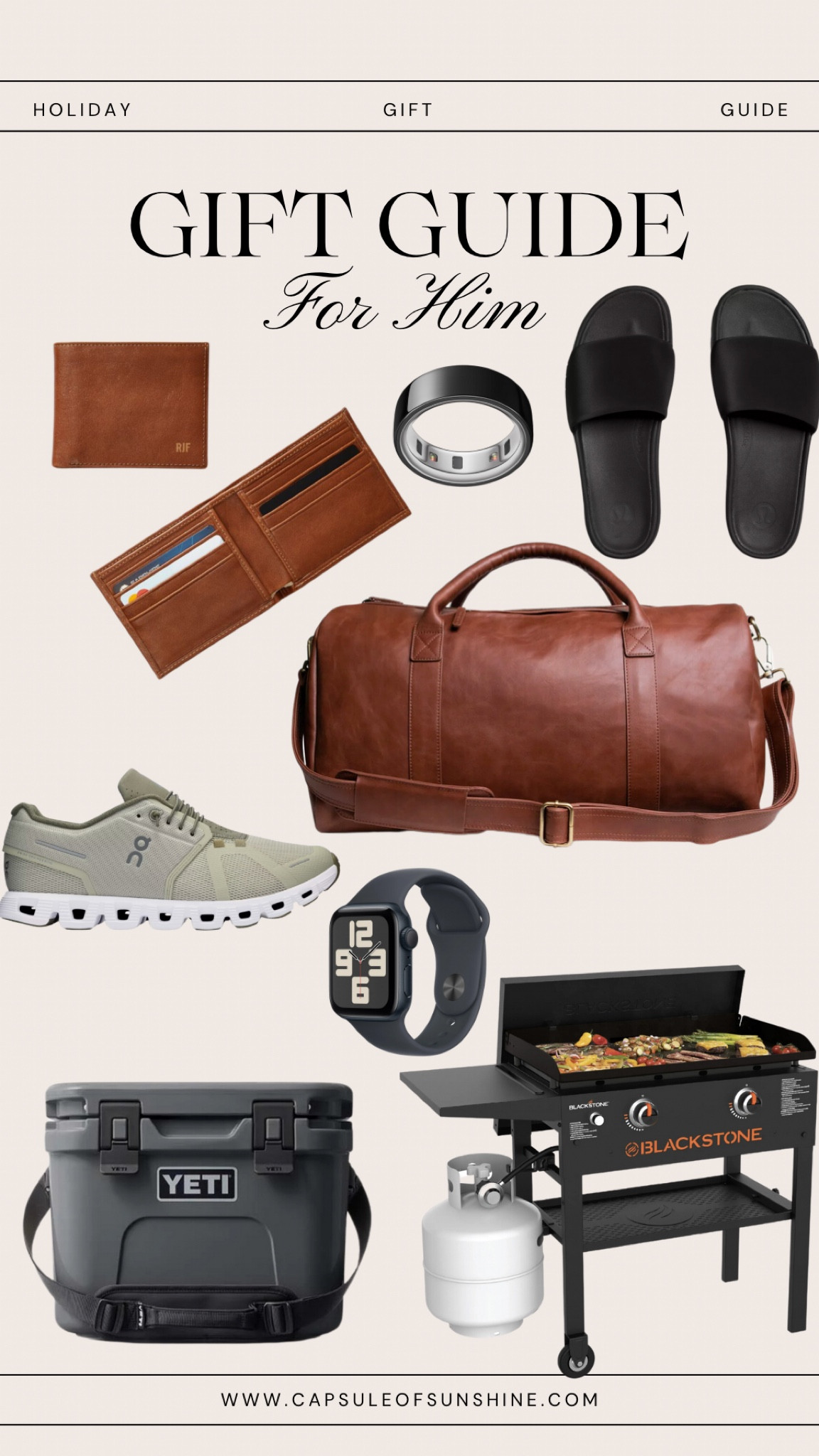 Gift guide for him / Looking for the perfect gift for him? Whether he’s into grilling, traveling, or just upgrading his everyday essentials, this list has it all! The Blackstone Griddle is a must-have for the guy who loves to cook outdoors, while the YETI Cooler is perfect for keeping drinks ice cold on any adventure. Keep him looking sharp with a sleek Apple Watch and comfy Lululemon Slides. If he’s always on the go, the Leather Duffel Bag and On Cloud Sneakers make the perfect travel companions. And for a stylish yet practical upgrade, the Engraved Leather Wallet and Smart Ring are total winners. He’s going to love these! 🎁✨

#LTKHome #LTKMens #LTKGiftGuide