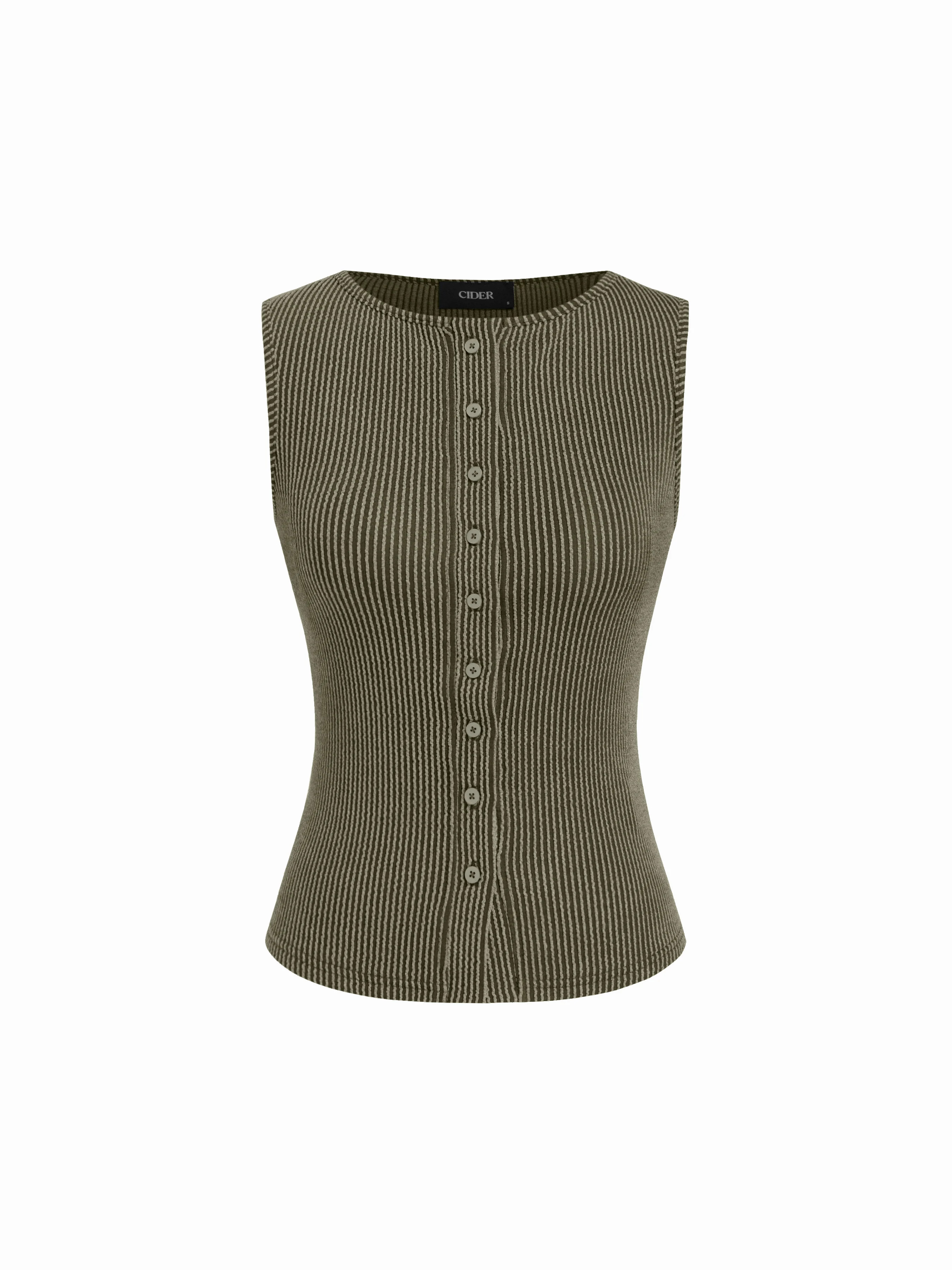 Knit Fabric Round Neckline Stripe Button Through Tank Top For Work | Cider