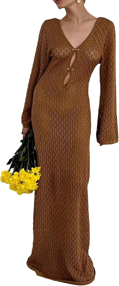 ROAONOCOMO Women Open Back Long Sleeve Maxi Dress Y2k Knit Crochet Bodycon Long Dress See Through... | Amazon (US)