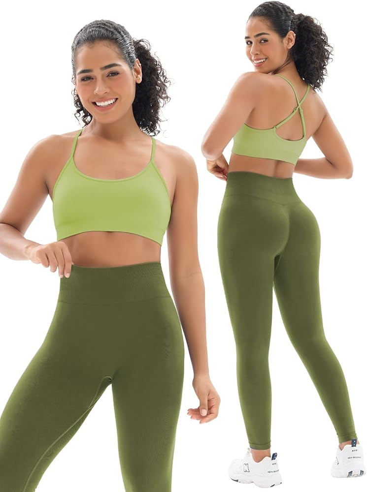 Seamless Workout Sets for Women 2 Piece Adjustable Strappy Sports Bra with High Waisted Butt Lift... | Amazon (US)