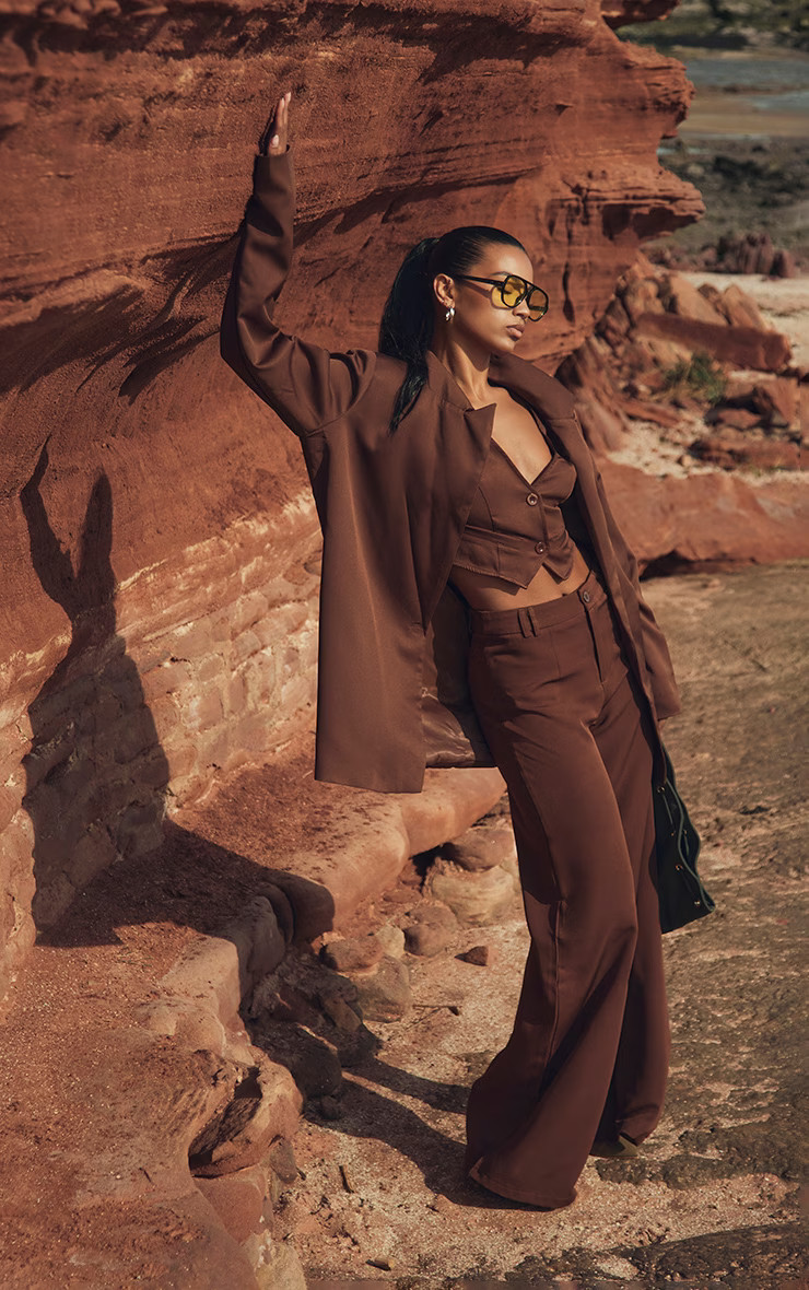 Chocolate Brown Woven Double Belt Loop Suit Pants | Co-ords | PrettyLittleThing US