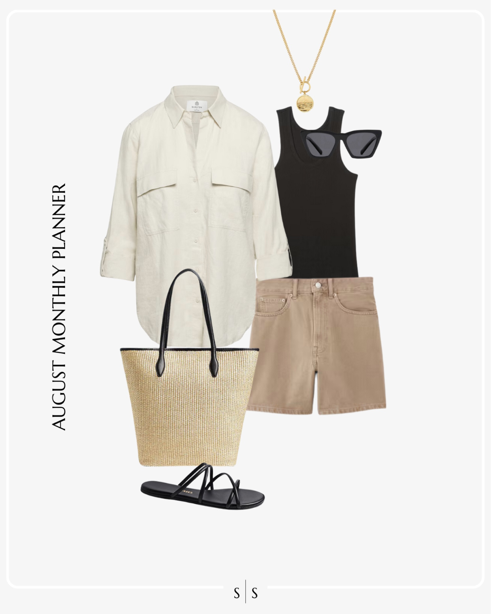 Monthly outfit planner AUGUST: Summer transitional looks | oversized button down, black tank, high rise denim shorts, black sandals, woven tote bag, coin necklace, sunglasses 

See the entire calendar on thesarahstories.com ✨ 


#LTKStyleTip