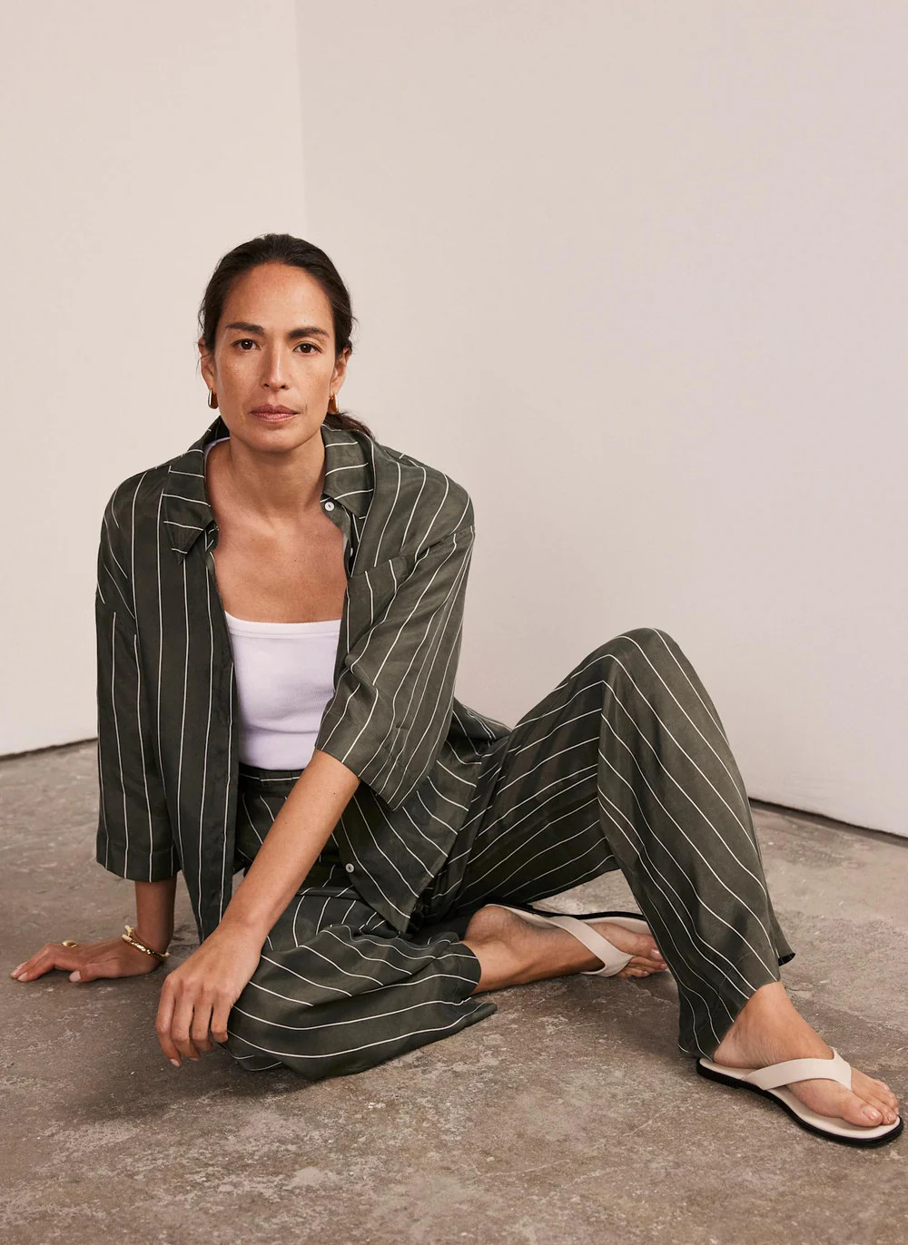 Khaki Striped Wide Trousers | Mint Velvet