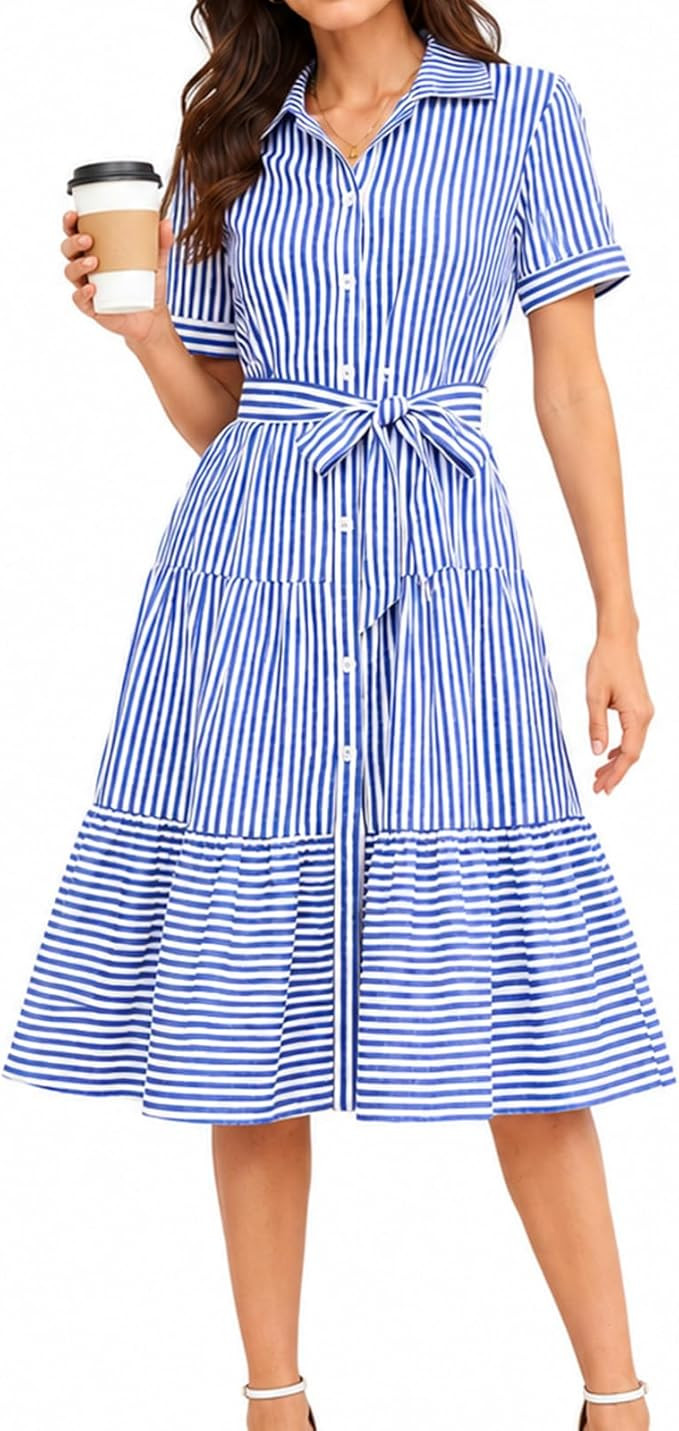 BROVAVE Summer Midi Dress for Women: Striped Button Down Casual- Dresses | Amazon (US)
