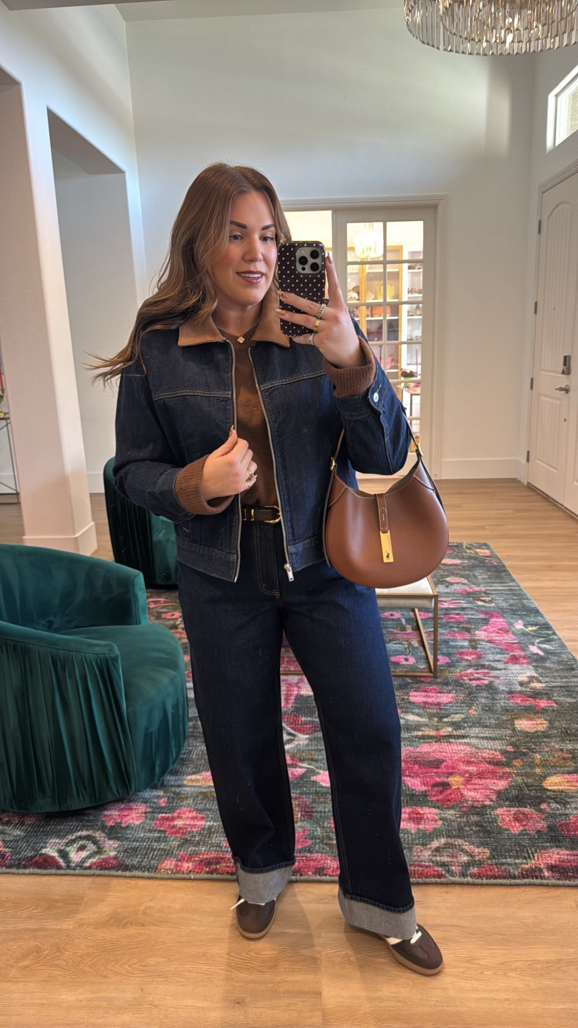 curvy midsize fall outfit! wearing size large in brown sweater, size large in denim jacket, and size 31 in dark wash denim 

#LTKSeasonal #LTKMidsize #LTKFindsUnder100