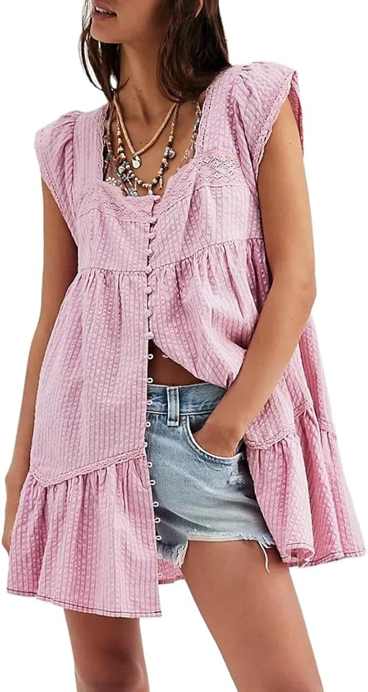 Women Y2k Floral Ruffle Mini Dress Boho V Neck Puff Sleeve Short Dress Flowy Patchwork Babydoll D... | Amazon (US)