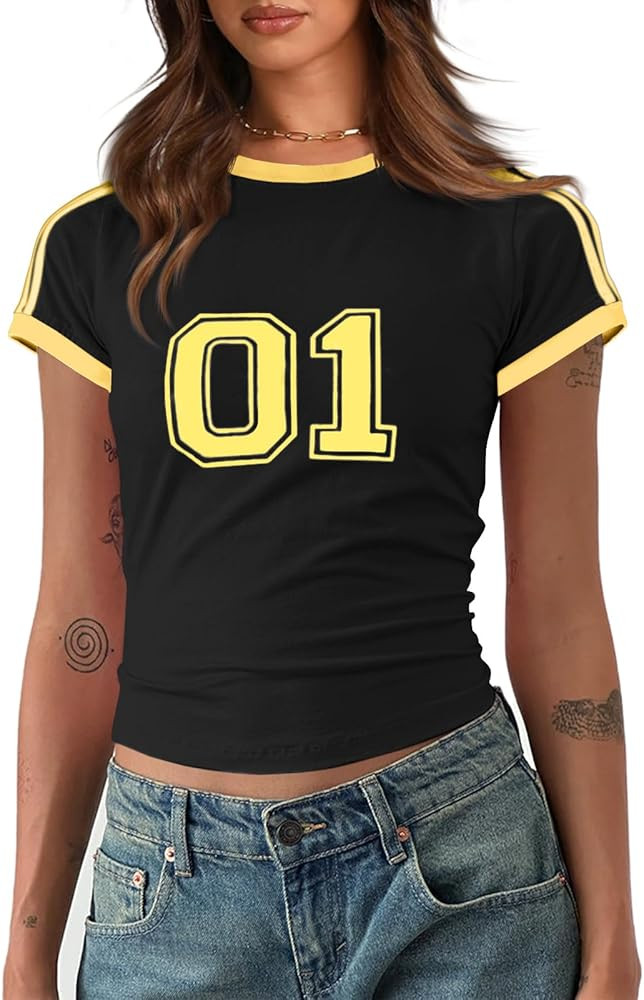 Imily Bela Womens Summer Crop Tops Y2k Baby Tees Cute Letter Print Short Sleeve Vintage T Shirt | Amazon (US)