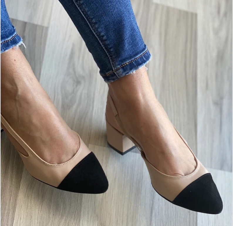 Two-tone beige and black-Betty smooth leather open rear pumps | Etsy | Etsy (US)