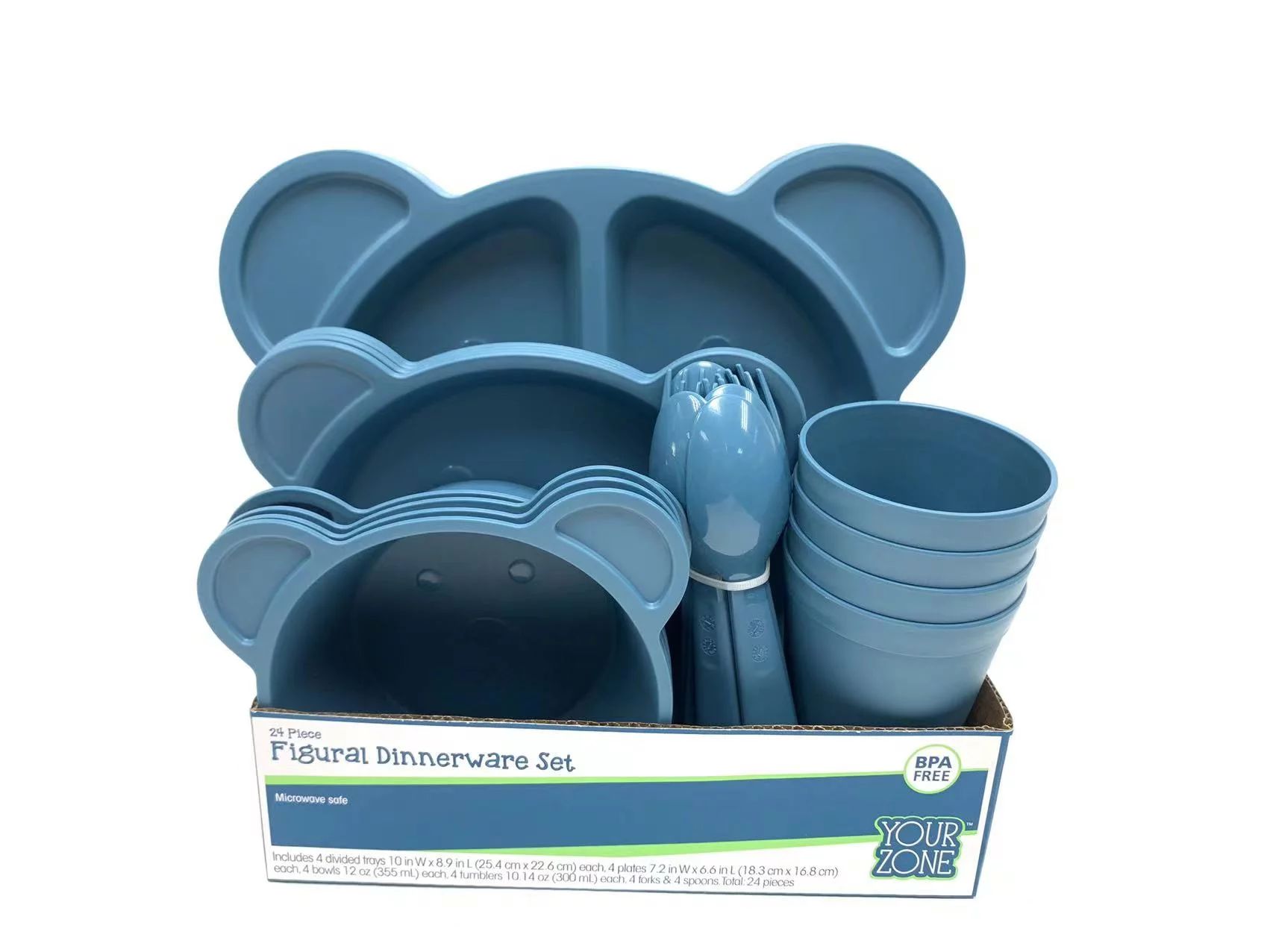 Your Zone 24 Piece Plastic Dinnerware Set for Kids, Bear Shape, with 4 each Divided Trays, Bowls,... | Walmart (US)