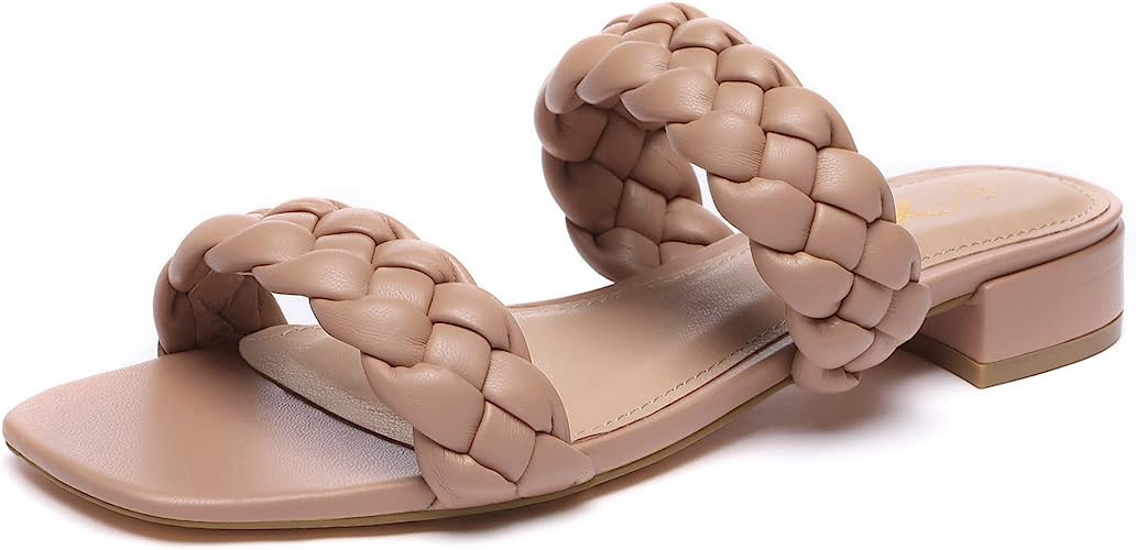Athlefit Women's Square Open Toe Braided Sandals Slip On Low Block Heel Slide Sandals | Amazon (US)