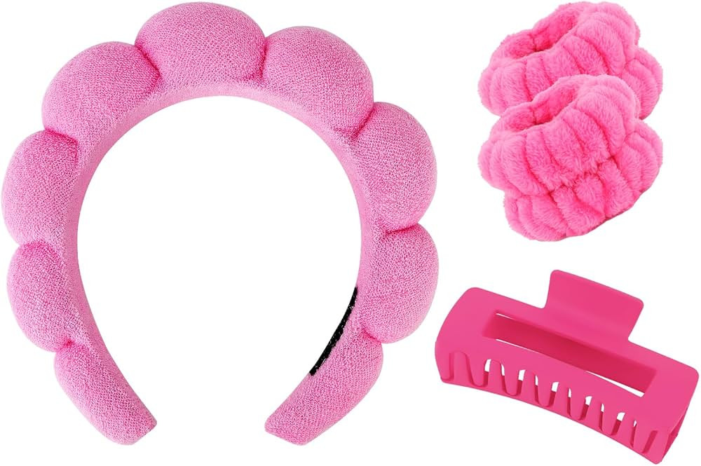 Wecoe Spa Headband And Wristband Set Skincare Headband For Washing Face Hair Claw Clips For Thick Hair Hot Pink Puffy Sponge Makeup Headband Bubble Headband Wrist Towels Scrunchies For Women Girls | Amazon (US)