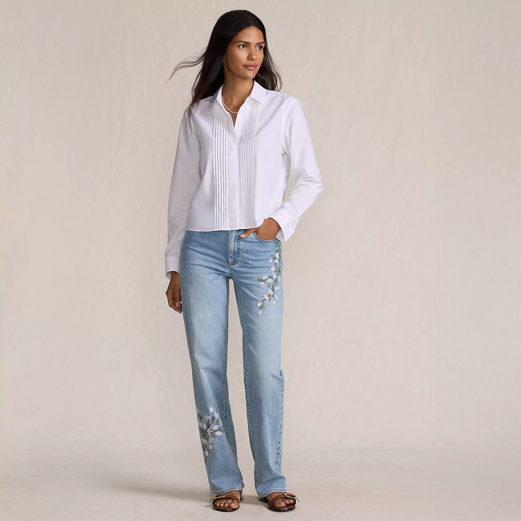 Women's Soft Denim Mid Rise Relaxed Straight Leg Embroidered Jeans | Lands' End (US)