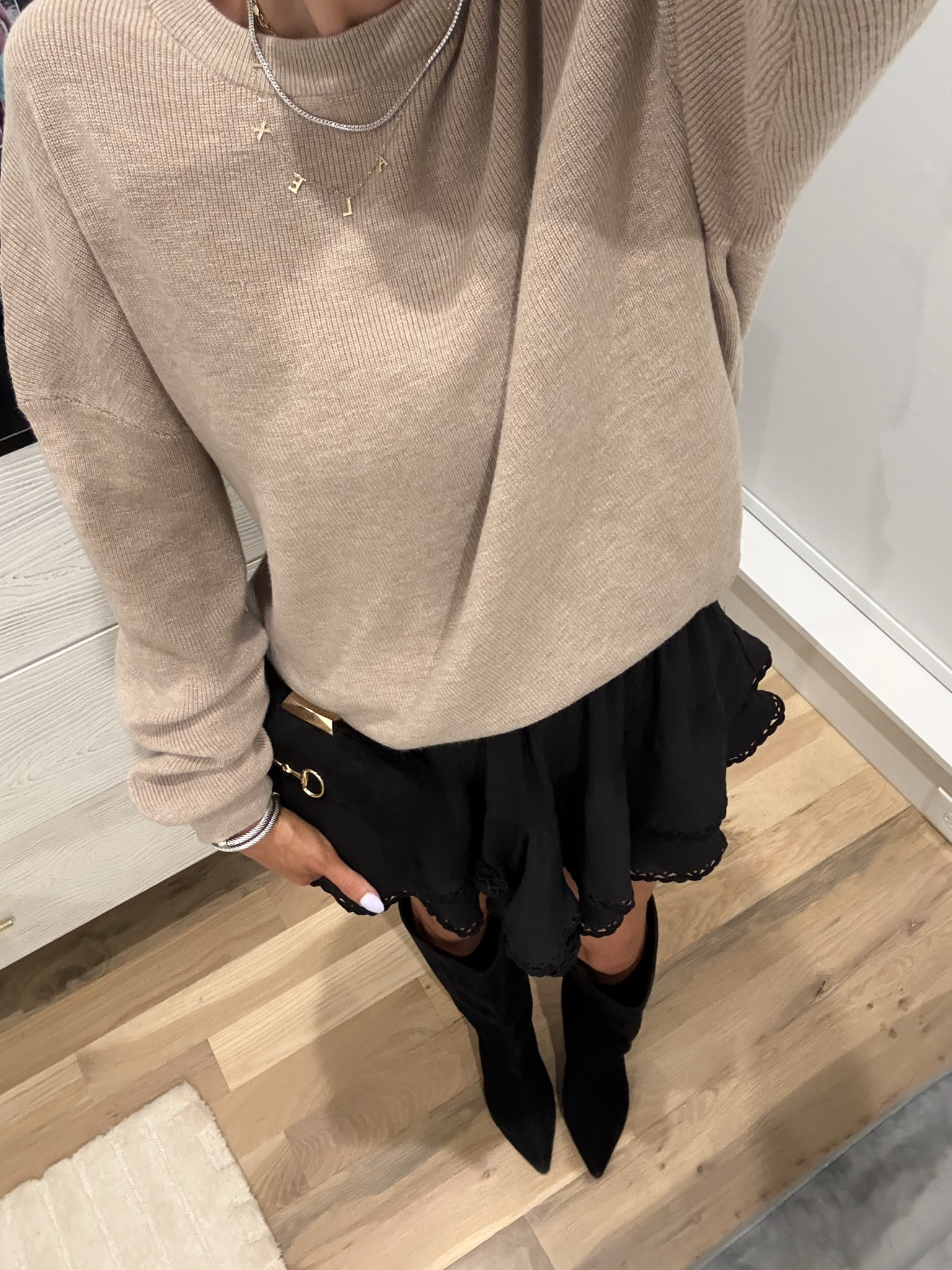 Amazon oversized sweater and black flowy skort smallest size 
Winter outfit idea 

#LTKFindsUnder50 #LTKFindsUnder100 #LTKPetite