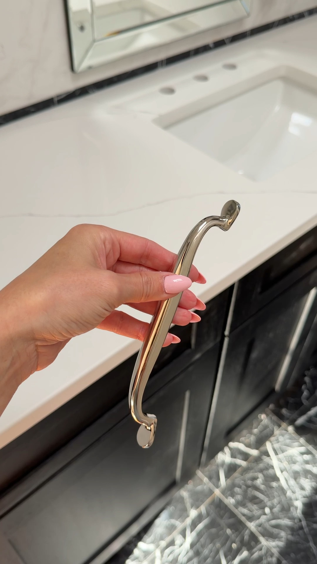 This is the hardware that I ordered for my bathroom. I love these pulls and knobs. Polished nickel, kitchen, cabinets, silver.
