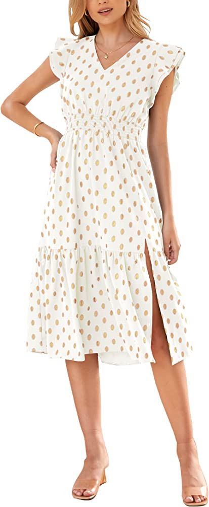 KIRUNDO 2023 Women's Summer Boho Polka Dot Sleeveless V Neck Midi Dress, White Dress, Amazon Fashion | Amazon (US)