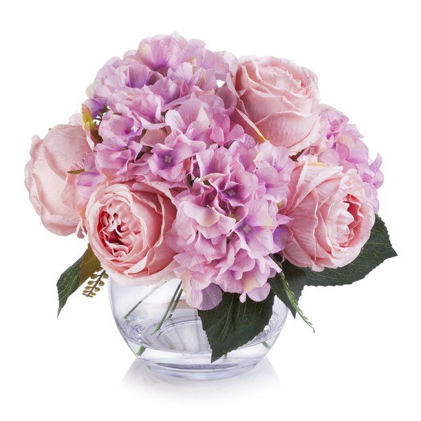 Enova Home Artificial Pink Hydrangea and Peony Silk Flowers Arrangement in Clear White Vase with ... | Walmart (US)
