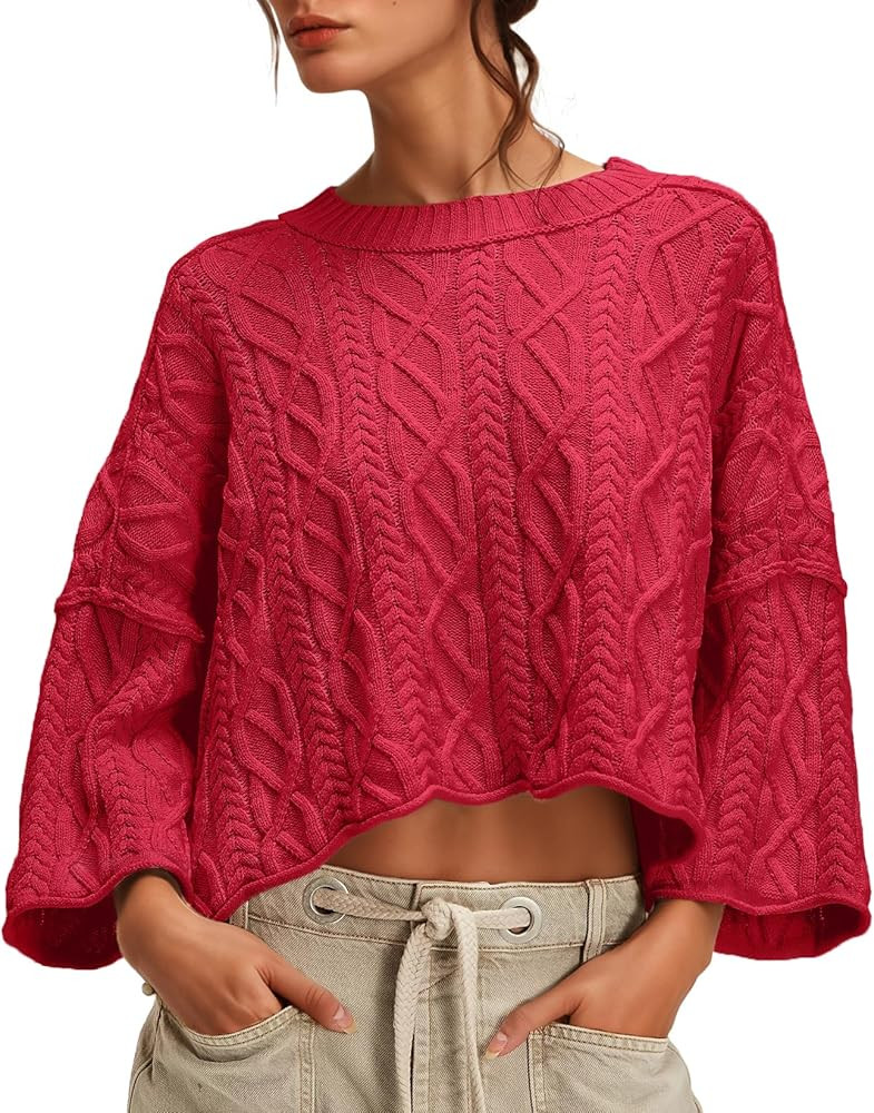 UNCLECAT Women's Cable Knit Cropped Sweaters Oversized Fall Sweater Long Sleeve Knit Trendy Pullo... | Amazon (US)