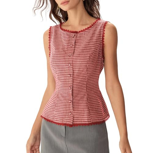 Plaid Button Tank Tops for Women Sleeveless Crew Neck Lace Trim Vest Slim Fit Cotton Spring Summe... | Amazon (US)
