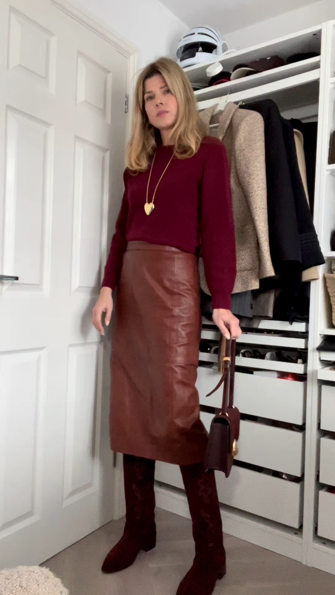 Burgundy knit, cashmere knit, leather skirt, sezane skirt, burgundy bag, suede boots 

#LTKeurope #LTKwinter #LTKdatenight