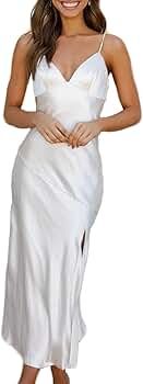 Satin Slip V Neck Maxi Dresses for Wedding Guest-Silk Sexy Slit Midi Formal Dresses for Women Eve... | Amazon (US)