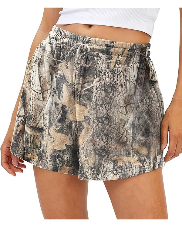 Camo Sweat Shorts for Women Drawstring Elastic Waist Maple Leaf Print Lounge Athletic Shorts with... | Amazon (US)