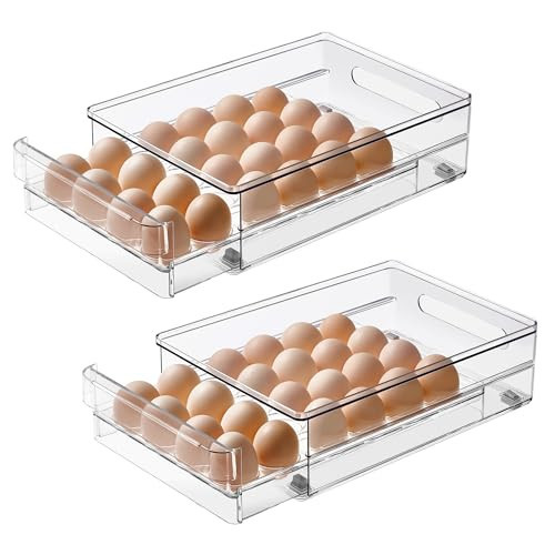 vacane 24 Capacity Egg Holder for Refrigerator Organizer Bins, Clear Egg Storage Container for Fridge Egg Drawer Egg Tray with Non-Slip Pads, Bpa Free Egg Organizer-2 Pack | Amazon (US)