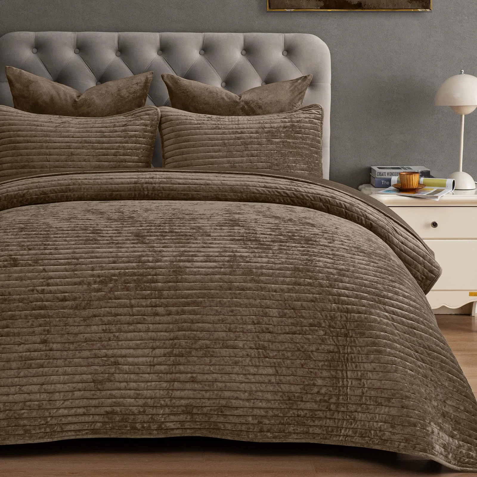PHF Luxury Velvet Quilt Set Soft Quilted Comforter Alternative with Striped Channel, Cozy Quilted Bedspread | Wayfair North America