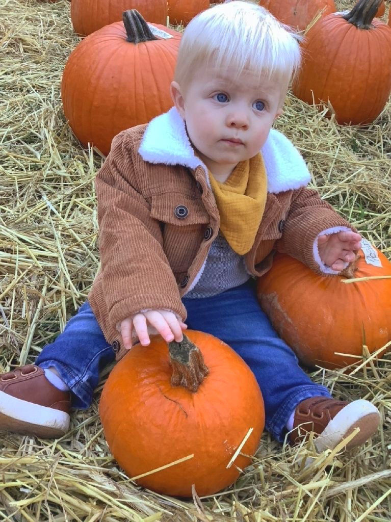 Cutie little fall outfit for toddler boy. Jacket is in color dark brown but actually more of a perfect cognac color for fall. Target toddler shoes have a double strap which helps them stay on IYKYK and the bandana came in a pack of lots of colors that we love 💛

Sizing: 
18-24 months for jacket
5T for shoes 