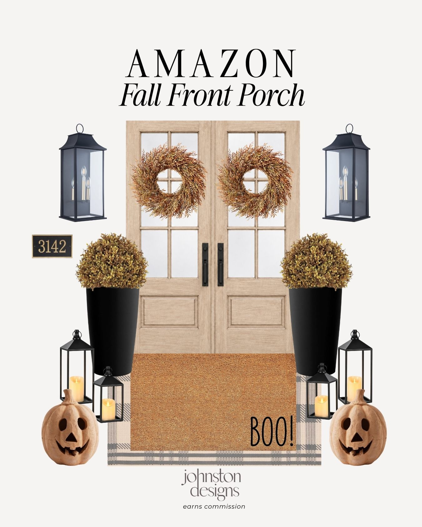 Spooky yet sophisticated autumn entry decor for a classic fall front porch. 🎃 A layered plaid doormat with a playful "BOO!" coir mat sets the festive base, styled with twin fall wheat wreaths, tall black planters with topiary balls, black candle lanterns, outdoor wall sconces, and carved jack-o'-lantern pumpkins.

Amazon fall front porch decor, Halloween front porch ideas, BOO doormat, plaid outdoor doormat, fall wheat wreaths, tall black planter pots, faux outdoor topiary trees, black candle lanterns, outdoor wall sconce lights, carved pumpkin jack o lanterns, autumn entryway decor, women’s Amazon home decor

#amazonfinds #amazonhome #fallporchdecor #halloweenporch #curbappeal #autumnentryway #fallwreath #boodoormat #jackolanterns #outdoorhomedecor 

 #LTKSeasonal #LTKHome